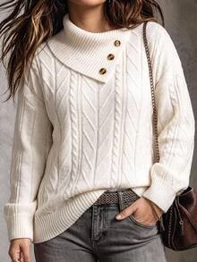 Nubod Sweater Rajut Pullover Kancing Kerah Asimetris Wanita Ukuran Besar untuk Musim Dingin - Krem - View 1