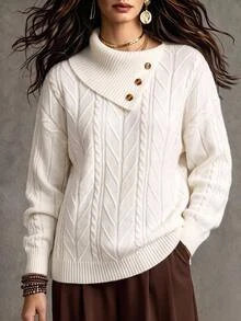 Nubod Sweater Rajut Pullover Kancing Kerah Asimetris Wanita Ukuran Besar untuk Musim Dingin - Krem - View 7