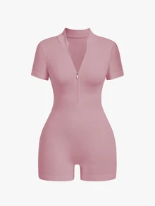 Sovereign Charm Short Sleeve Zip-Up Romper, Solid Color - Pink - View 7