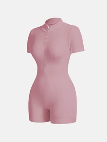 Sovereign Charm Short Sleeve Zip-Up Romper, Solid Color - Pink - View 3