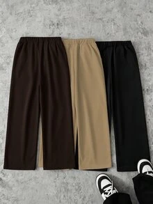 3pcs/Set Tween Boy High Street Fashion Solid Color Knit Straight Leg Pants, Novel And Stylish, Comfortable Fabric, Suitable For Versatile, New Arrival, Suitable For All Seasons - Coffee Brown - View 3