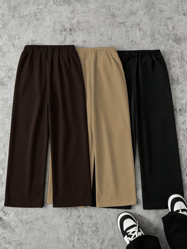 3pcs/Set Tween Boy High Street Fashion Solid Color Knit Straight Leg Pants, Novel And Stylish, Comfortable Fabric, Suitable For Versatile, New Arrival, Suitable For All Seasons - Coffee Brown - View 3
