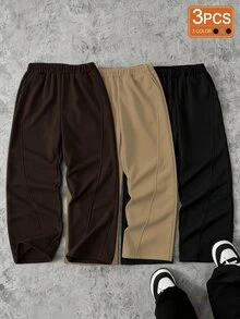 3pcs/Set Tween Boy High Street Fashion Solid Color Knit Straight Leg Pants, Novel And Stylish, Comfortable Fabric, Suitable For Versatile, New Arrival, Suitable For All Seasons - Coffee Brown - View 2