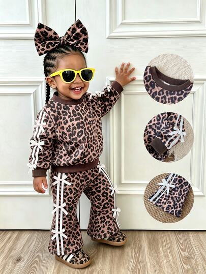 SHEIN 2Pcs Toddler Girl Sweatshirt Pants Set Cute Brown Leopard Print Ribbon Bow Long Sleeve Round Neck Regular Birthday Party Fall Holiday Chic