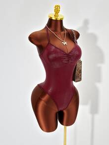 Zolique Wine Red Halter Neck Bodysuit Crocodile Pattern Deep V Twist Design Sexy Backless Fitted Bodysuit - Red - View 6