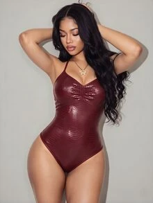 Zolique Wine Red Halter Neck Bodysuit Crocodile Pattern Deep V Twist Design Sexy Backless Fitted Bodysuit - Red - View 1