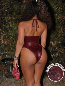 Zolique Wine Red Halter Neck Bodysuit Crocodile Pattern Deep V Twist Design Sexy Backless Fitted Bodysuit - Red - View 3