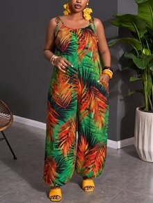 Veslaya Plus Size Women Tropical Floral Leaf Print Wide Leg Jumpsuit, Vacation Beach Formal Emerald Green Summer Filipiniana Casual Kawaii Elegant Traditional - Multicolor - View 3
