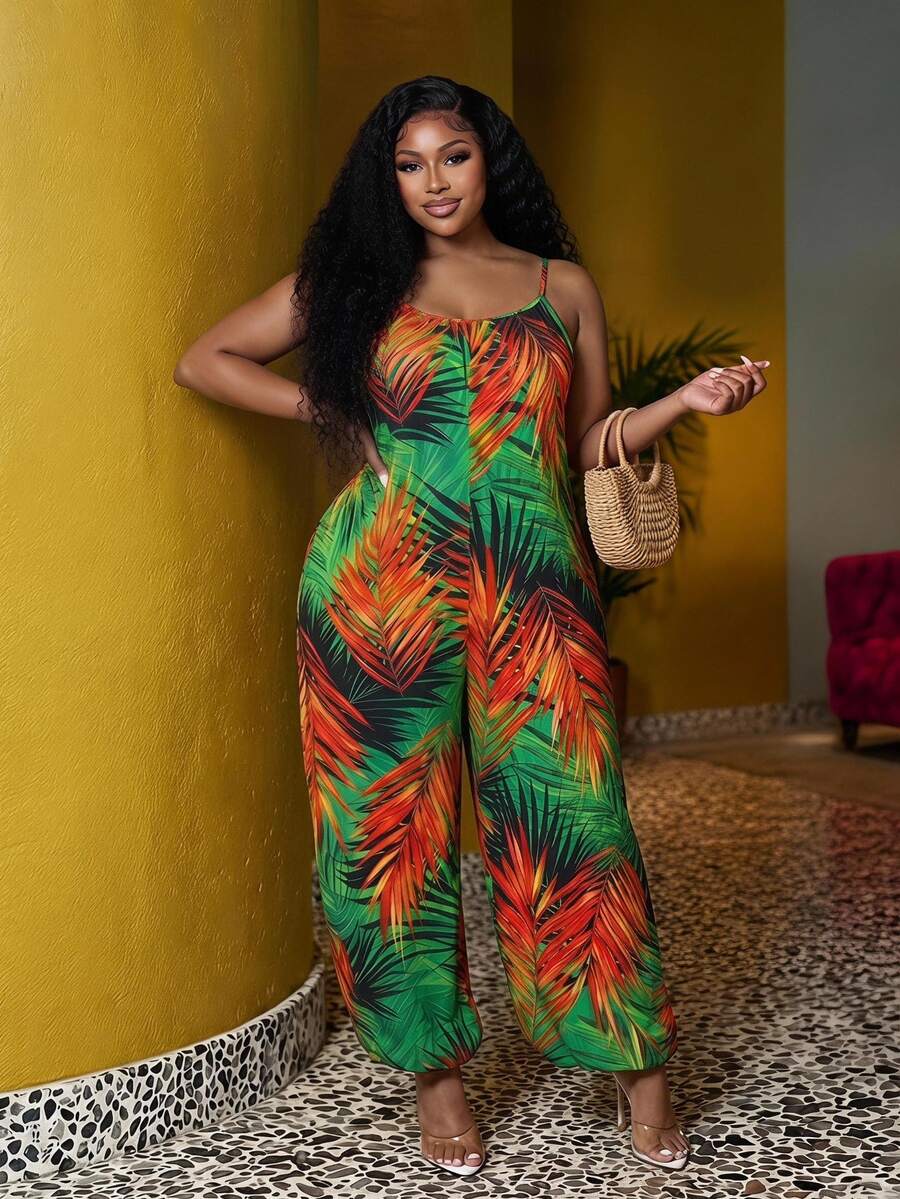 Veslaya Plus Size Women Tropical Floral Leaf Print Wide Leg Jumpsuit, Vacation Beach Formal Emerald Green Summer Filipiniana Casual Kawaii Elegant Traditional - Multicolor - View 1