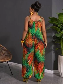Veslaya Plus Size Women Tropical Floral Leaf Print Wide Leg Jumpsuit, Vacation Beach Formal Emerald Green Summer Filipiniana Casual Kawaii Elegant Traditional - Multicolor - View 2