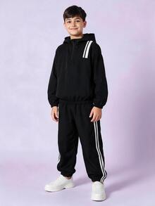 SHEIN 2pcs Kids Tween Boy Casual Daily Versatile Comfortable Webbing Hooded Half-Zip Pullover Loose Long Sleeve Jacket And Loose Jogger Pants Woven 2-Piece Set Suitable For Autumn/Winter - Black - View 7