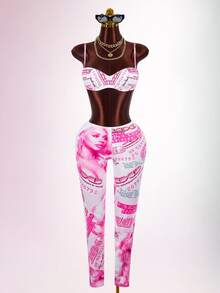 Amplova Women's Halloween Y2K Cropped Camisole Top And Character Print Skinny Leggings 2 Pieces Set - Pink - View 5