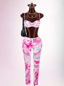 Amplova Women's Halloween Y2K Cropped Camisole Top And Character Print Skinny Leggings 2 Pieces Set - Pink - View 3