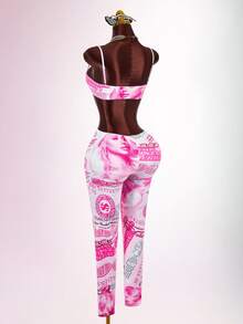 Amplova Women's Halloween Y2K Cropped Camisole Top And Character Print Skinny Leggings 2 Pieces Set - Pink - View 4
