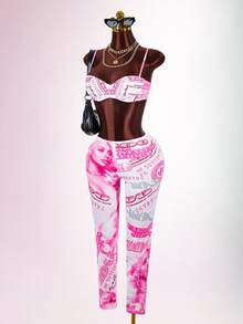 Amplova Women's Halloween Y2K Cropped Camisole Top And Character Print Skinny Leggings 2 Pieces Set - Pink - View 6