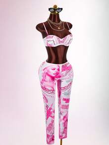 Amplova Women's Halloween Y2K Cropped Camisole Top And Character Print Skinny Leggings 2 Pieces Set - Pink - View 14