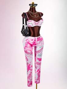 Amplova Women's Halloween Y2K Cropped Camisole Top And Character Print Skinny Leggings 2 Pieces Set - Pink - View 13