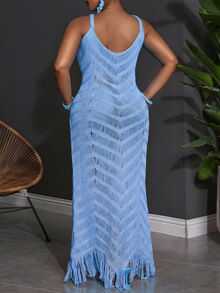 Veslaya Plus Size Summer Sleeveless Hollow-Out Sheer Dress - Blue - View 9