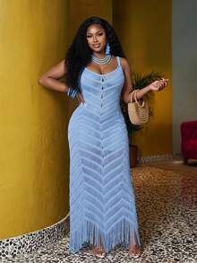 Veslaya Plus Size Summer Sleeveless Hollow-Out Sheer Dress - Blue - View 1
