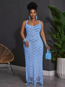 Veslaya Plus Size Summer Sleeveless Hollow-Out Sheer Dress - Blue - View 4