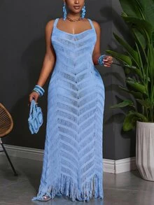 Veslaya Plus Size Summer Sleeveless Hollow-Out Sheer Dress - Blue - View 8