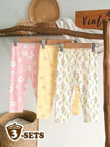SHEIN [4 pcs acak, kirim 3 pcs] Legging Musim Dingin Motif Bunga untuk Bayi Perempuan, Cocok untuk Musim Panas, Kembali ke Sekolah, Wisuda, Kasual - MultiWarna - View 3