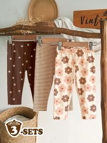 SHEIN Winter Chocolate Brown Blush Pink Baby Girl Cute Comfortable Casual Leggings With Elasticity, Suitable For School , Random 4-Pack - Multicolor - View 3