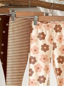 SHEIN Winter Chocolate Brown Blush Pink Baby Girl Cute Comfortable Casual Leggings With Elasticity, Suitable For School , Random 4-Pack - Multicolor - View 5