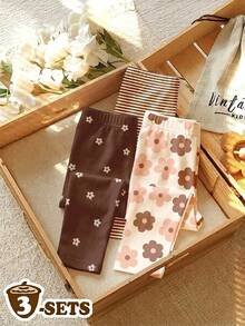 SHEIN Winter Chocolate Brown Blush Pink Baby Girl Cute Comfortable Casual Leggings With Elasticity, Suitable For School , Random 4-Pack - Multicolor - View 2