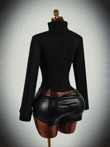 Amplova Jaket Wanita Bergaya Vintage yang Mengencangkan Pinggang - Hitam - View 11