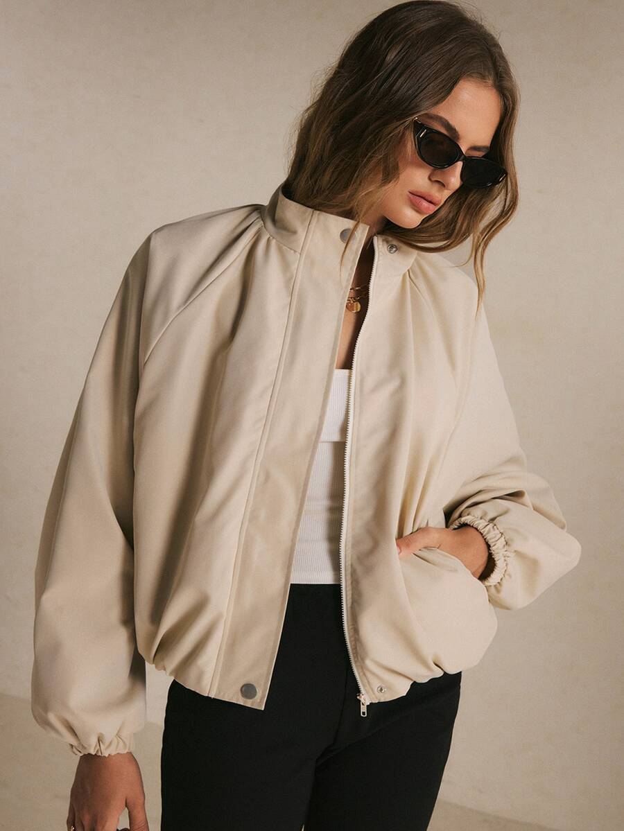 Poéselle Women's Beige Oversized Bomber Jacket – Lightweight Zip-Front Funnel-Neck Jacket With Raglan Sleeve Sleeves And Elastic Cuffs Women Fall Winter Jacket Chic - Apricot - View 1