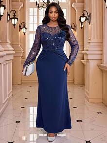 Fleurora Plus Size Women's Patchwork Sequin Mesh 3D Floral Decor Mermaid Hem Elegant Dress Church Dress Blue Dress Elegant Long Party Dress Elegant Long Dress - Navy Blue - View 6