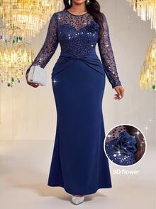 Fleurora Plus Size Women's Patchwork Sequin Mesh 3D Floral Decor Mermaid Hem Elegant Dress Church Dress Blue Dress Elegant Long Party Dress Elegant Long Dress - Navy Blue - View 2