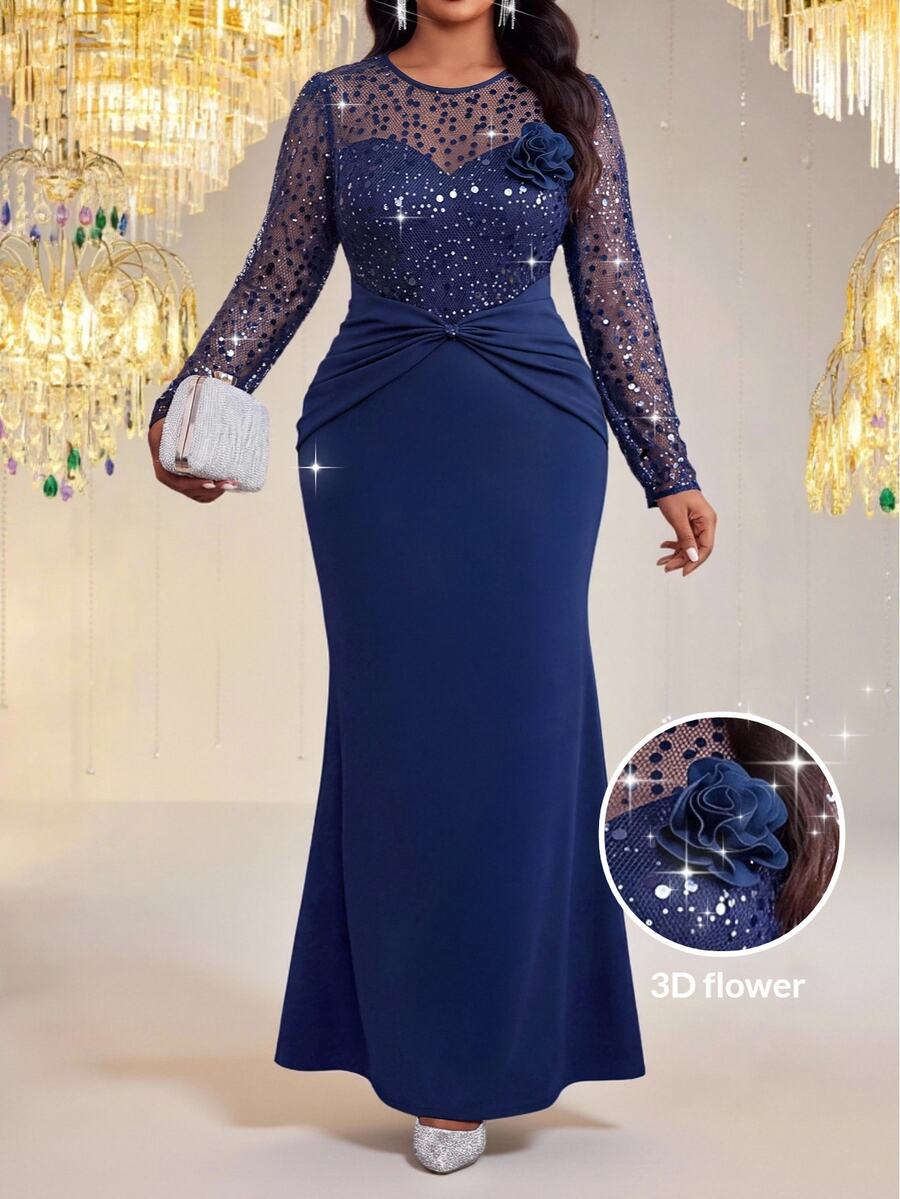 Fleurora Plus Size Women's Patchwork Sequin Mesh 3D Floral Decor Mermaid Hem Elegant Dress Church Dress Blue Dress Elegant Long Party Dress Elegant Long Dress