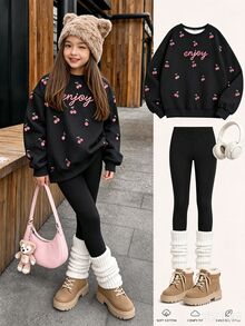 青少年女孩休閒加厚保暖黑色復古可愛迷你櫻桃圖案寬鬆圓領套頭衛衣與柔軟休閒安哥拉紅緊身褲2件套，適合秋冬日常、秋季氛圍、冬季時尚、聖誕節、萬聖節、戶外、野餐 - 白色 - 查看 1