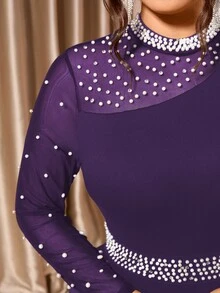 Allurite Plus Size Women Elegant Pearl Decor Mesh Long Sleeve Dress, High-End For Banquet Dinner Formal Dinner, Autumn/Winter Fall Dark Purple Wedding - Purple - View 3