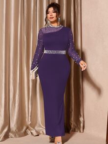 Allurite Plus Size Women Elegant Pearl Decor Mesh Long Sleeve Dress, High-End For Banquet Dinner Formal Dinner, Autumn/Winter Fall Dark Purple Wedding - Purple - View 7
