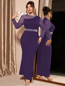 Allurite Plus Size Women Elegant Pearl Decor Mesh Long Sleeve Dress, High-End For Banquet Dinner Formal Dinner, Autumn/Winter Fall Dark Purple Wedding - Purple - View 6