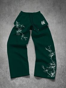 Manfinity EMRG Men's Drawstring Waist Floral Print Casual Daily Sweatpants - Dark Green - View 4