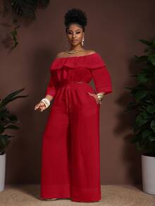 Veslaya Red Summer Elegant Casual Party Brunch Formal Vacation Wedding Guest Plus Size Women's 2 Pieces Set Ruffle Crop Top Wide Leg Pants Outfits - Red - View 8