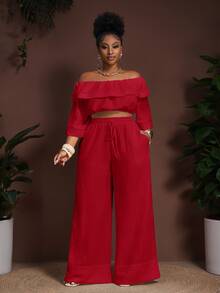 Veslaya Red Summer Elegant Casual Party Brunch Formal Vacation Wedding Guest Plus Size Women's 2 Pieces Set Ruffle Crop Top Wide Leg Pants Outfits - Red - View 4
