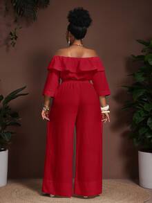 Veslaya Red Summer Elegant Casual Party Brunch Formal Vacation Wedding Guest Plus Size Women's 2 Pieces Set Ruffle Crop Top Wide Leg Pants Outfits - Red - View 9