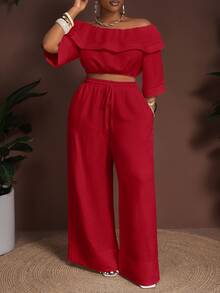 Veslaya Red Summer Elegant Casual Party Brunch Formal Vacation Wedding Guest Plus Size Women's 2 Pieces Set Ruffle Crop Top Wide Leg Pants Outfits - Red - View 5