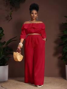 Veslaya Red Summer Elegant Casual Party Brunch Formal Vacation Wedding Guest Plus Size Women's 2 Pieces Set Ruffle Crop Top Wide Leg Pants Outfits - Red - View 10