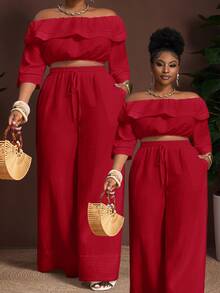 Veslaya Red Summer Elegant Casual Party Brunch Formal Vacation Wedding Guest Plus Size Women's 2 Pieces Set Ruffle Crop Top Wide Leg Pants Outfits - Red - View 3