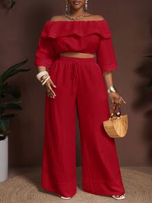 Veslaya Red Summer Elegant Casual Party Brunch Formal Vacation Wedding Guest Plus Size Women's 2 Pieces Set Ruffle Crop Top Wide Leg Pants Outfits - Red - View 6