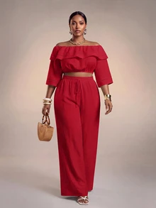 Veslaya Red Summer Elegant Casual Party Brunch Formal Vacation Wedding Guest Plus Size Women's 2 Pieces Set Ruffle Crop Top Wide Leg Pants Outfits - Red - View 1