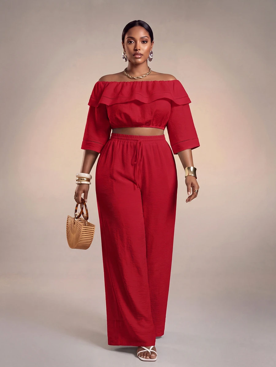 Veslaya Red Summer Elegant Casual Party Brunch Formal Vacation Wedding Guest Plus Size Women's 2 Pieces Set Ruffle Crop Top Wide Leg Pants Outfits - Red - View 1
