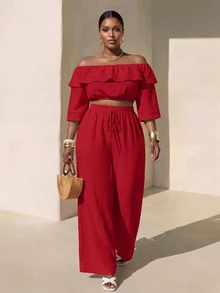 Veslaya Red Summer Elegant Casual Party Brunch Formal Vacation Wedding Guest Plus Size Women's 2 Pieces Set Ruffle Crop Top Wide Leg Pants Outfits - Red - View 2