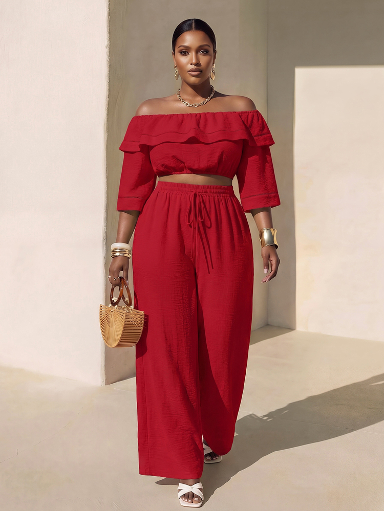 Veslaya Red Summer Elegant Casual Party Brunch Formal Vacation Wedding Guest Plus Size Women's 2 Pieces Set Ruffle Crop Top Wide Leg Pants Outfits - Red - View 2